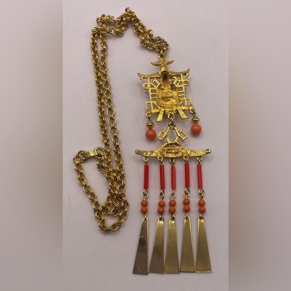 Rare Gorgeous Vintage 1960s Buddha Faux Coral Gold Tone Necklace ART Signed - Picture 13 of 15